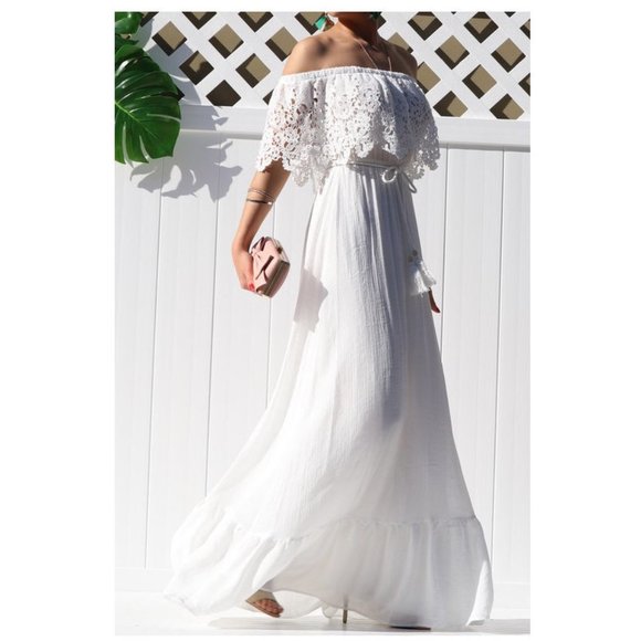 White Off Shoulder Crochet Lace Boho Maxi Dress - Picture 2 of 6